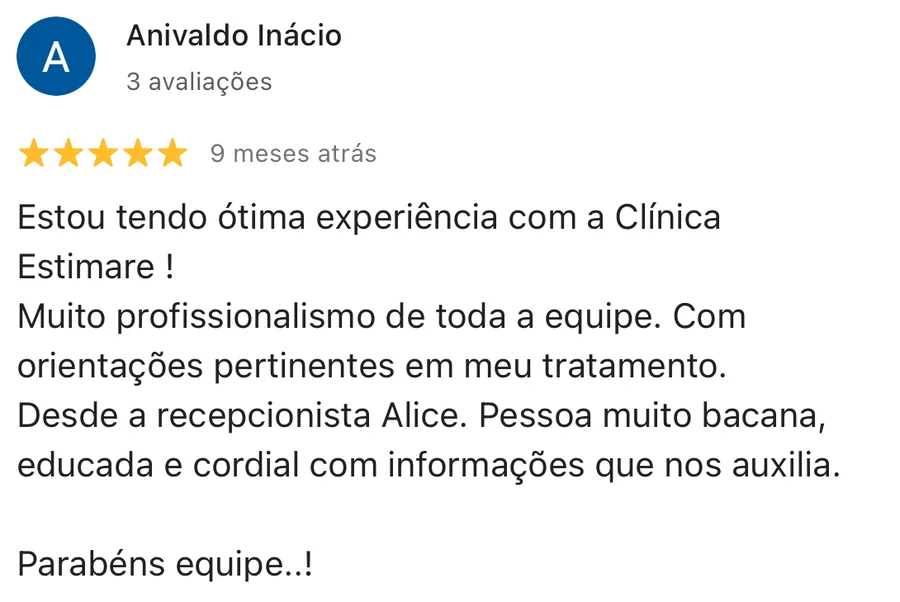 Avaliação de 5 estrelas no Google para a Estimare Odontologia